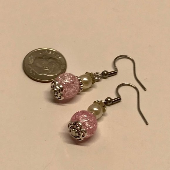 Pink Glass Crackle Beads Imitation Pearl Earrings - Picture 5 of 7